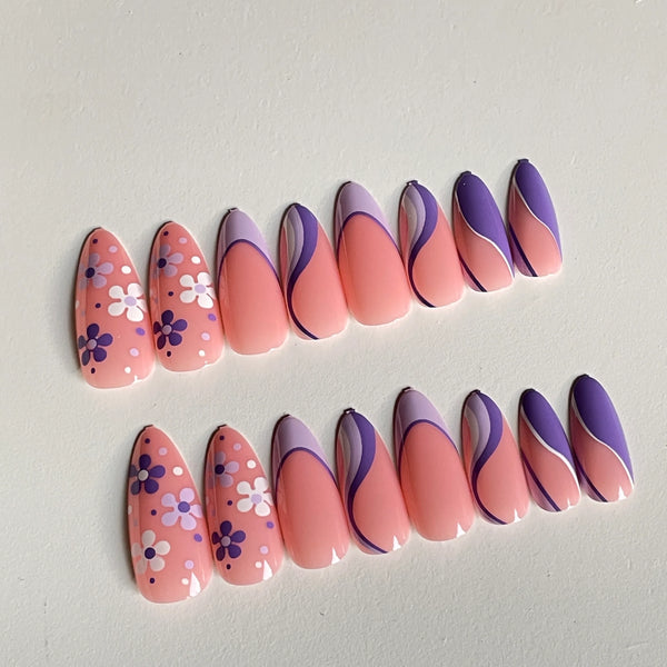 Almond Purple Floral Nails