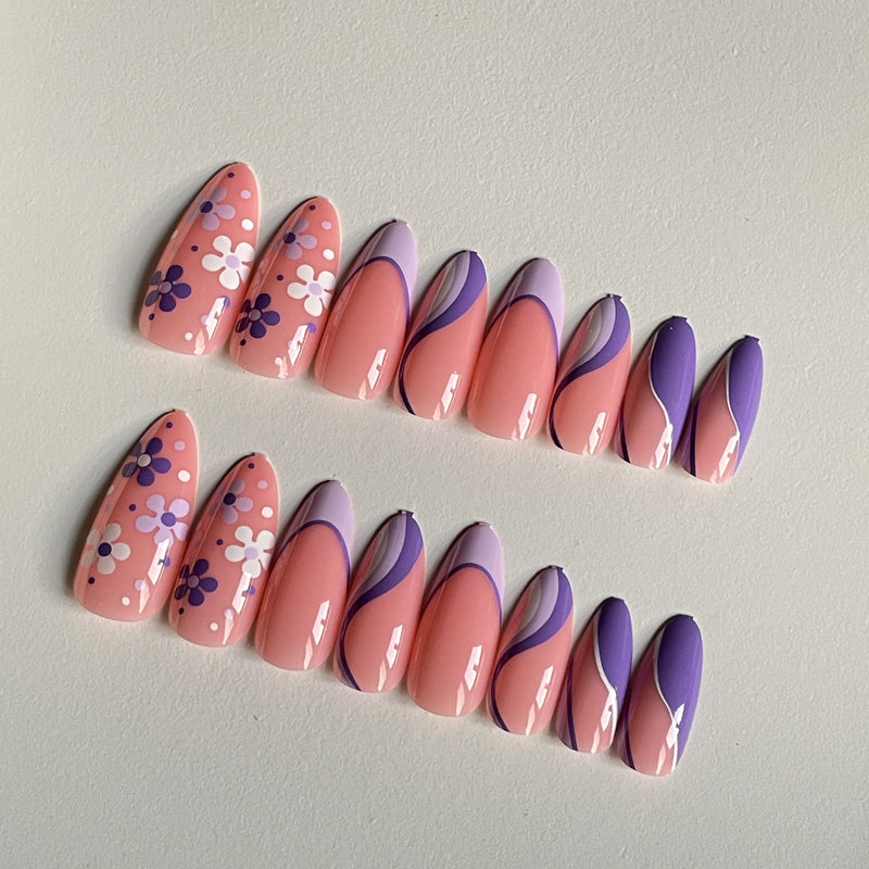 Almond Purple Floral Nails