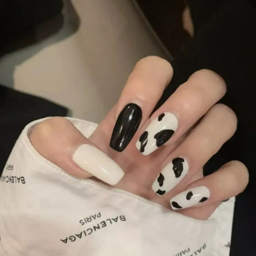 B&W Cow Print Nails - Press on Nails