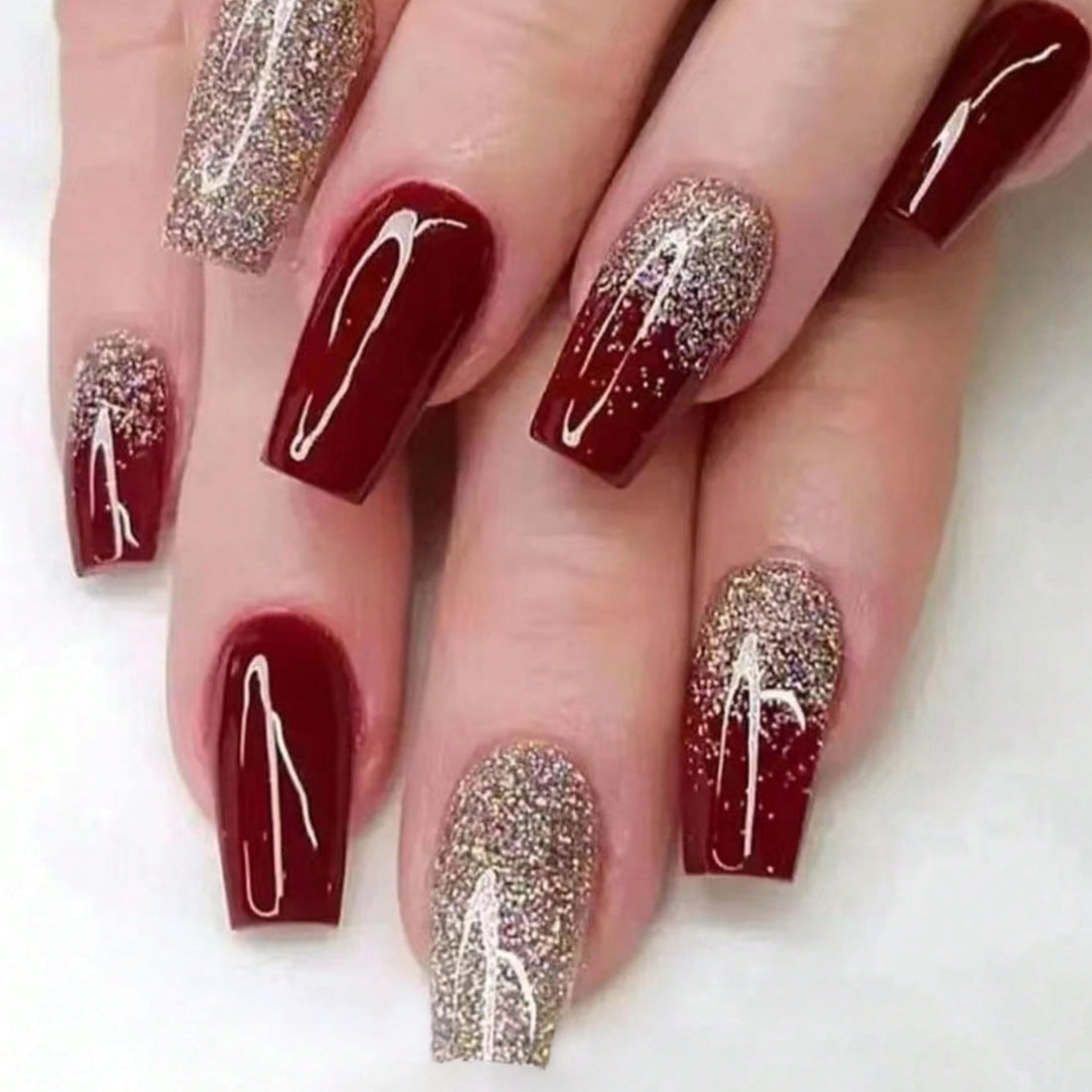 Coffin Red & Gold Nails - Press on Nails