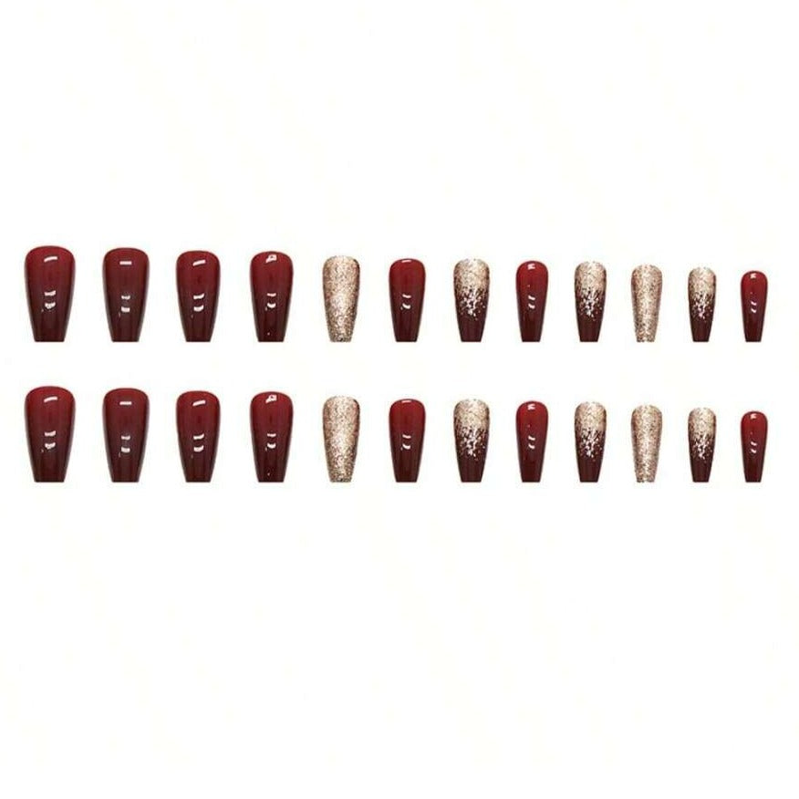 Coffin Red & Gold Nails - 