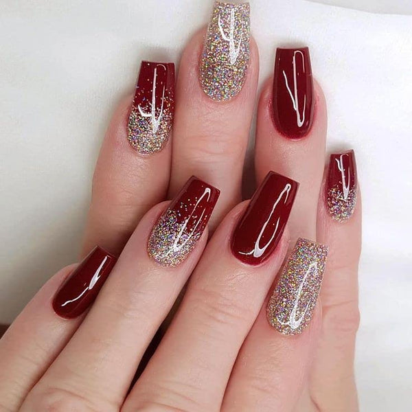 Coffin Red & Gold Nails