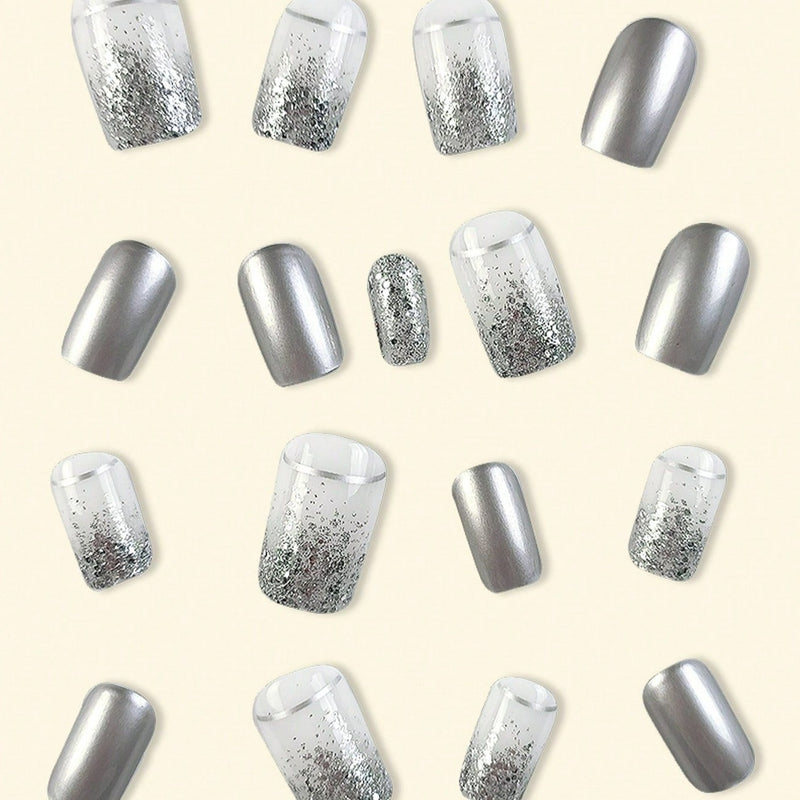 Square Sparkly Silver Nails