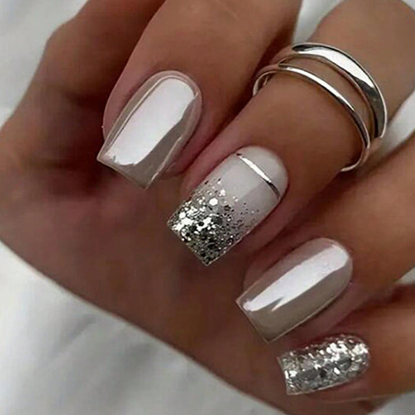 Square Sparkly Silver Nails