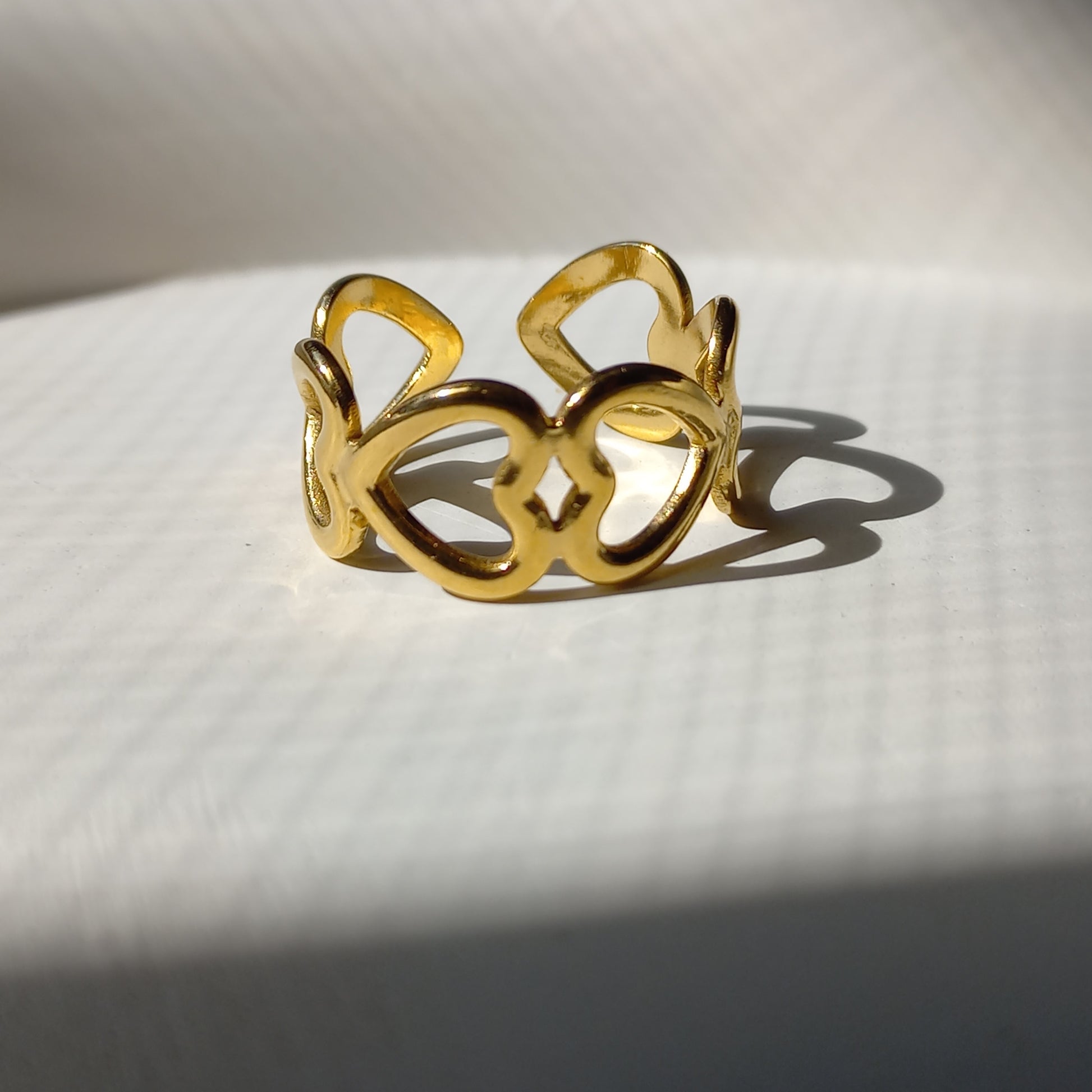 Stainless Steel Golden Hearts Ring (Adjustable) - Rings