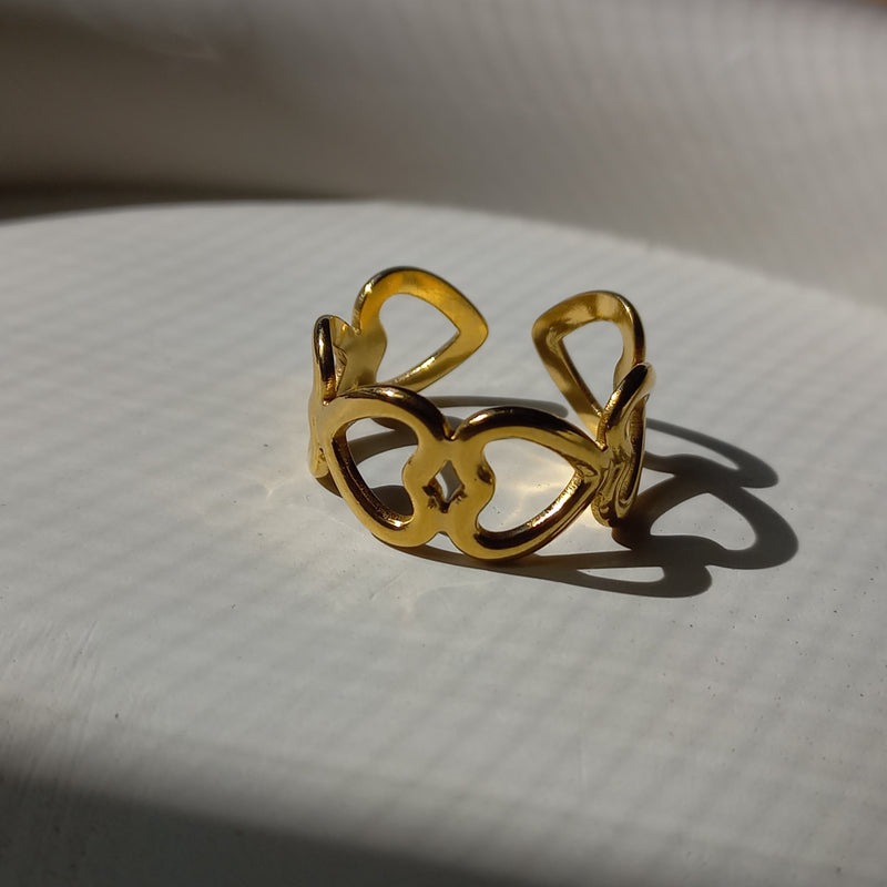 Stainless Steel Golden Hearts Ring (Adjustable)