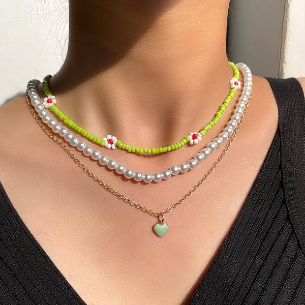 Green Enamel Heart & Beads Multi Layered Necklace