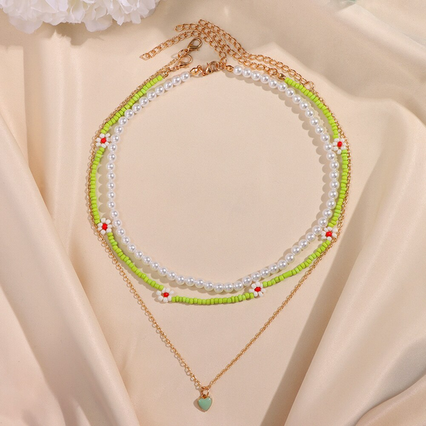 Green Enamel Heart & Beads Multi Layered Necklace