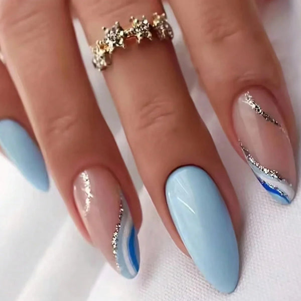 Almond Baby Blue Metallic Swirl Nails