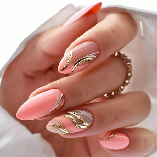 Almond Pink & Gold Glitter Nails