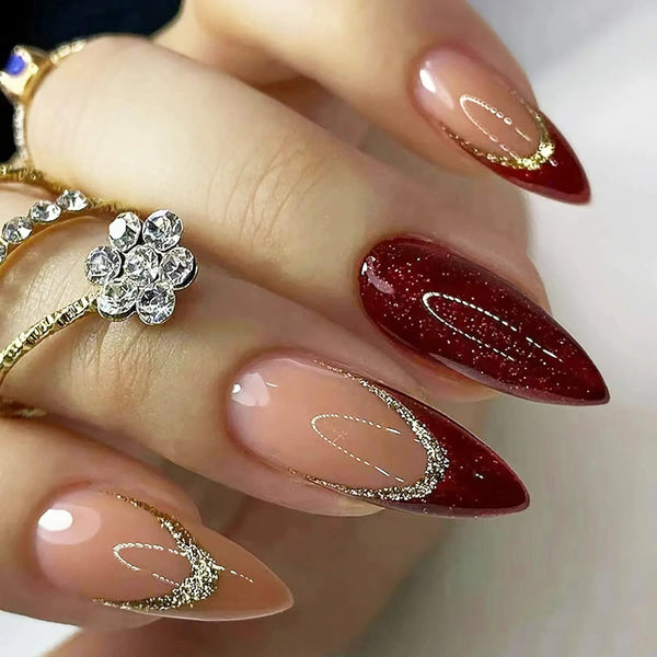 Almond Red & Gold French Nails