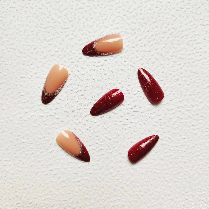 Almond Red & Gold French Nails