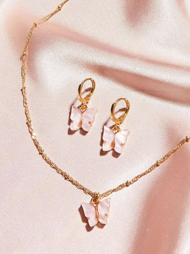 Pink Flutter Set - Pendant & Earrings