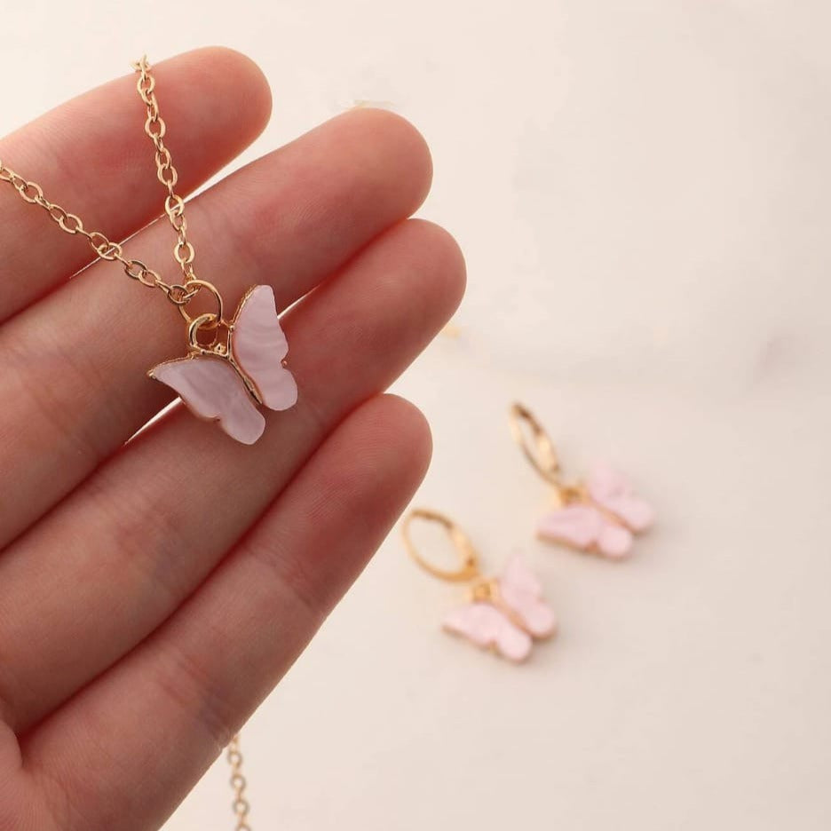 Pink Flutter Set - Pendant & Earrings - Charms & Pendants