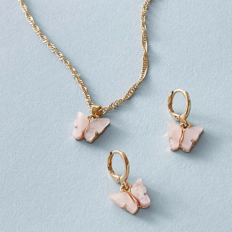 Pink Flutter Set - Pendant & Earrings - 