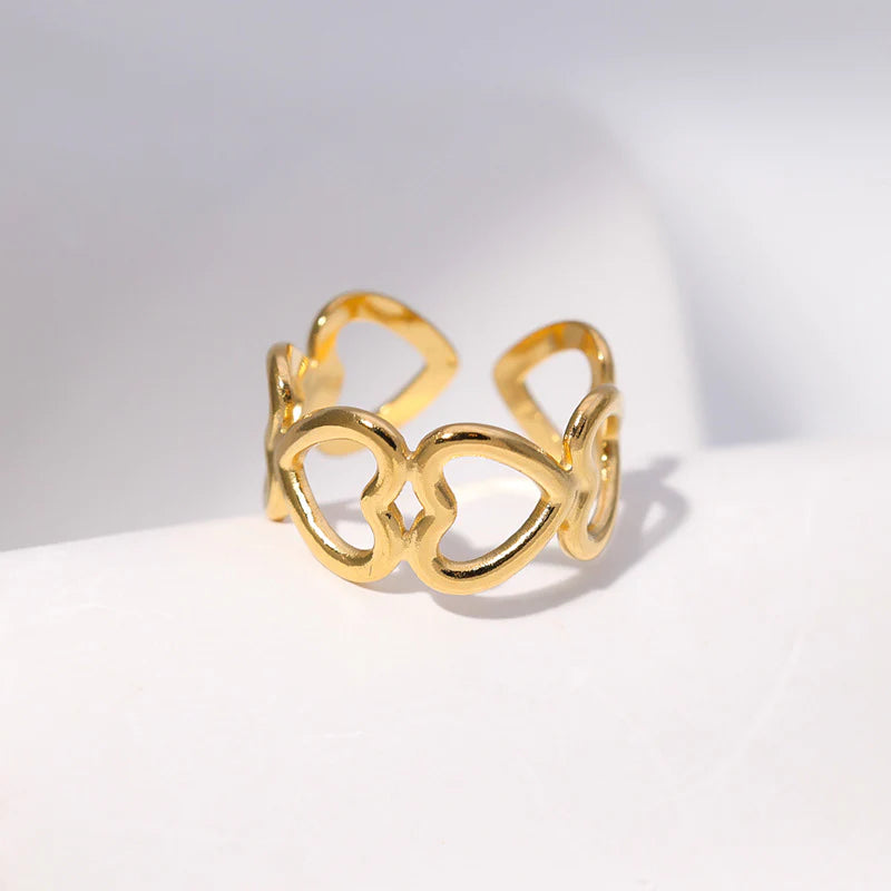 Stainless Steel Golden Hearts Ring (Adjustable) - 