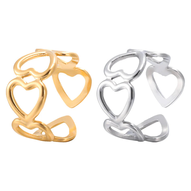 Stainless Steel Golden Hearts Ring (Adjustable)