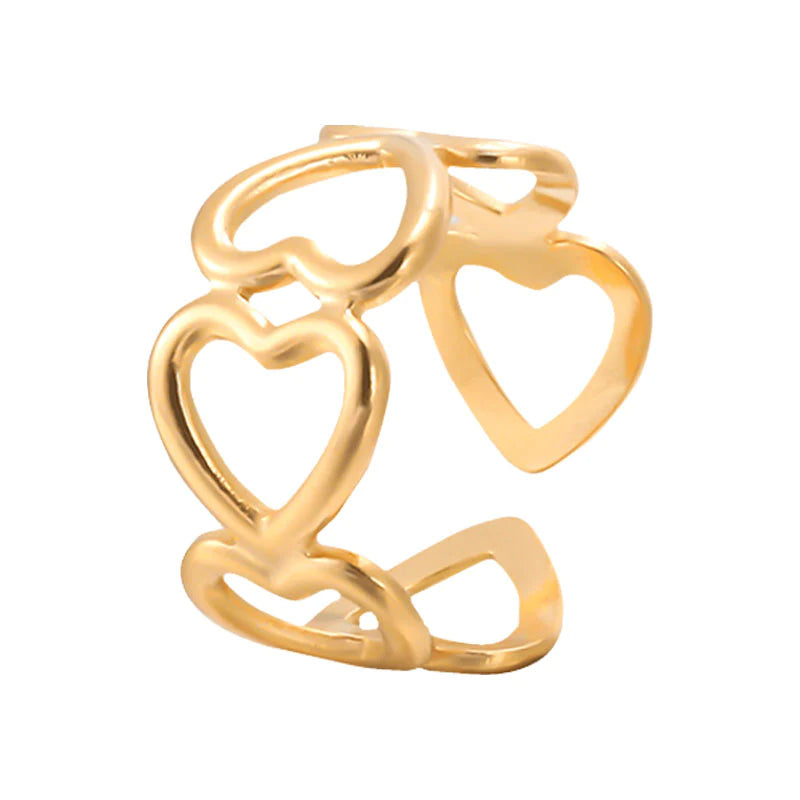 Stainless Steel Golden Hearts Ring (Adjustable)