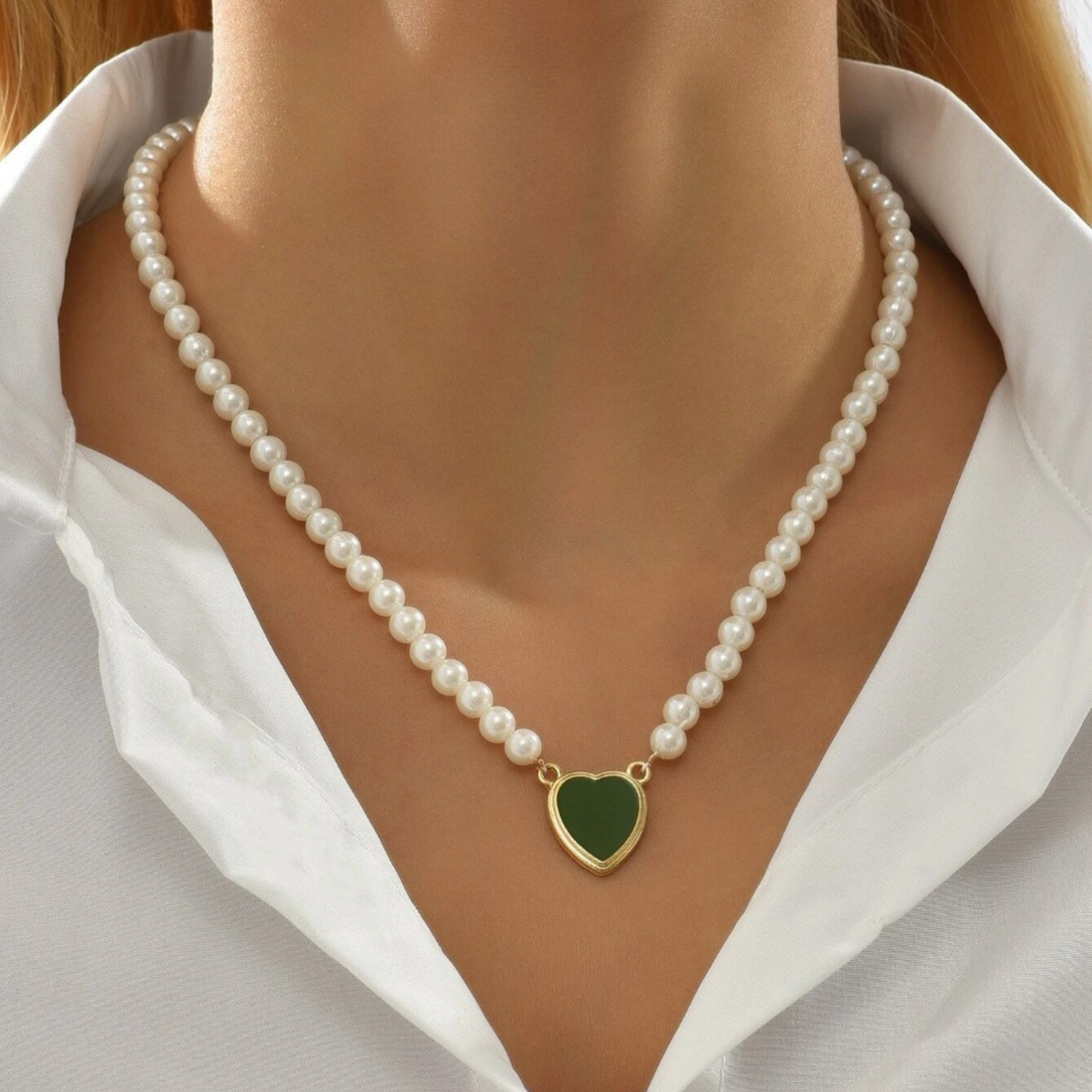 Green Heart Pearl Necklace - Necklaces