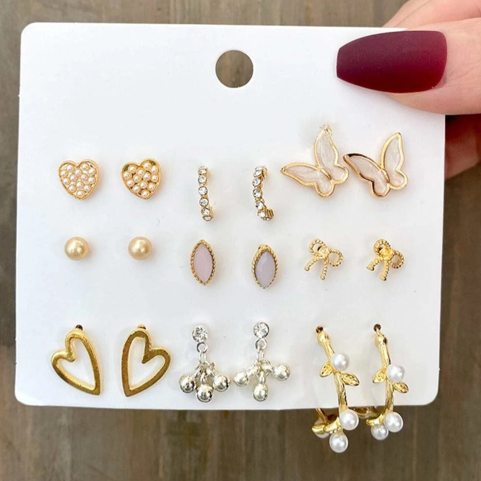 Snow White Studs Set | 9 Pairs - 