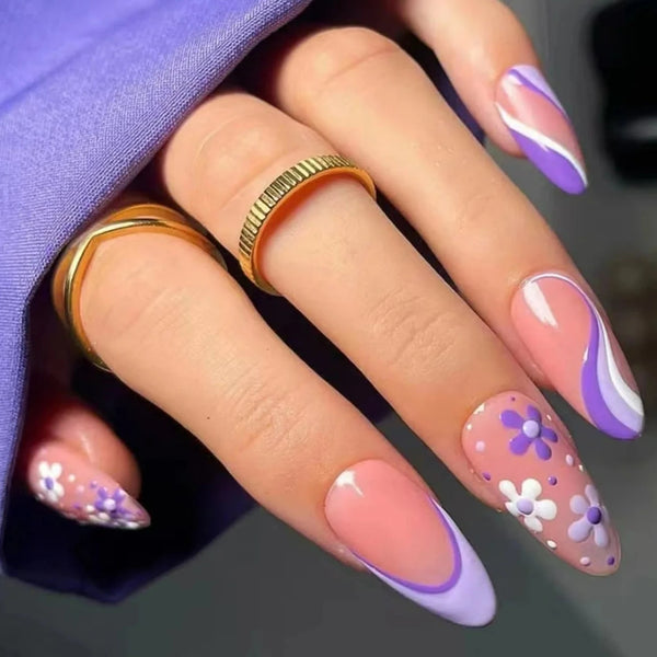 Almond Purple Floral Nails