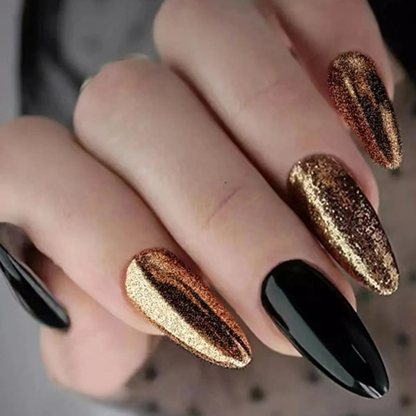 Almond Sparkly Gold & Black Nails