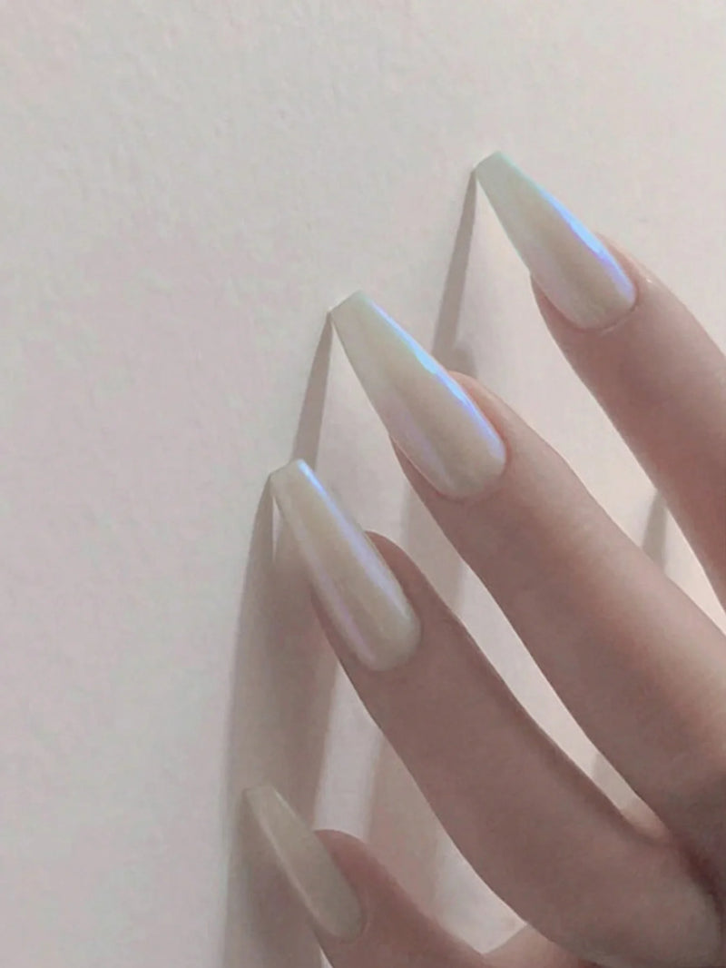 Long Coffin Shiny White Nails