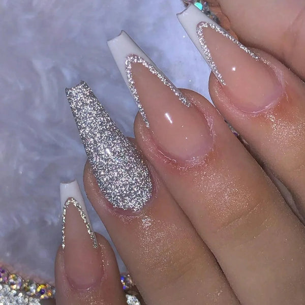 Long Coffin Silver Bling Nails