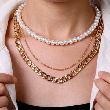 Three Layered Pearl Chain Necklace - Necklaces