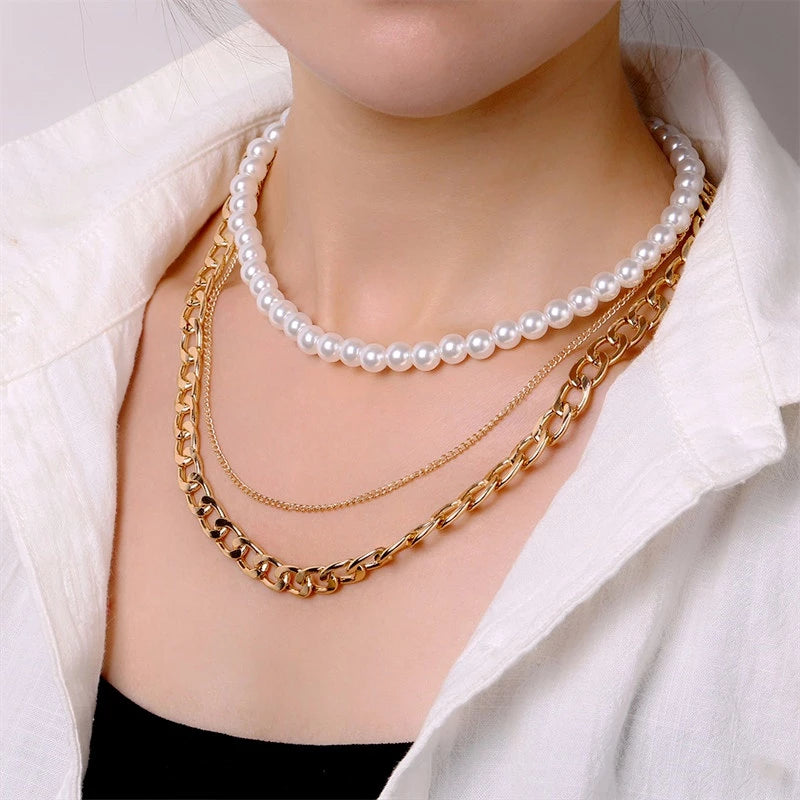 Three Layered Pearl Chain Necklace - Necklaces