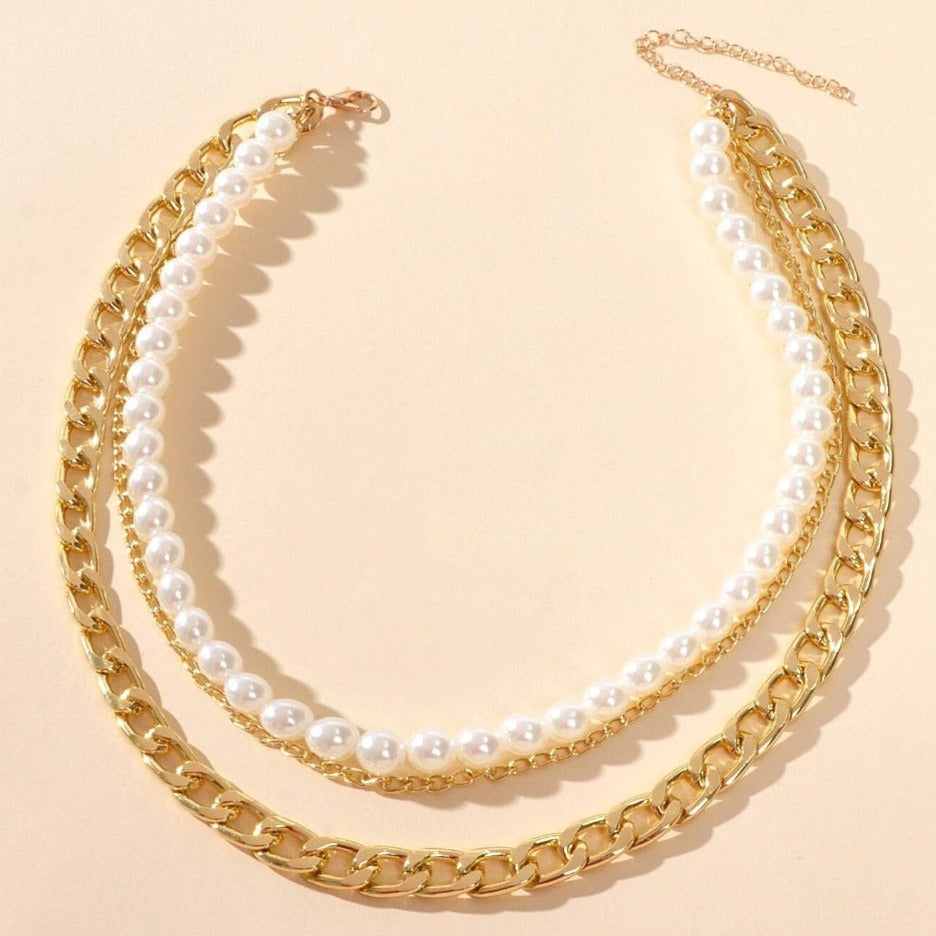 Three Layered Pearl Chain Necklace - 